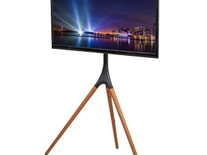 VIVO Artistic Easel 45 to 65 inch LED LCD Display Stand ، Studio TV Display Stand ، حامل تلفاز قابل للتعديل مع قاعدة دوارة وحامل ثلاثي القوائم ، قوس أسود ، أرجل من خشب الجوز الداكن ، STAND-TV65A