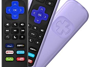 [w / Cover] نقرة واحدة لـ 【Roku TV ، Roku Box】 2 في 1 لـ TCL Hisense ONN. تلفزيون Roku مدمج بالكامل ، ولجهاز Roku 1/2/3/4 Express Ultra LT HD XDS (جهاز تحكم عن بعد + غطاء أرجواني)