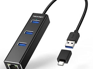 محول TECKNET USB إلى Ethernet ، USB C إلى Ethernet ، موزع USB 3.0 من الألومنيوم 3 منافذ USB 3.0 مع محول RJ45 10/100/1000 جيجابت إيثرنت محول LAN سلكي ، محول شبكة USB مع محول USB C لأجهزة الكمبيوتر المحمول