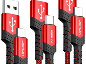 كابل USB-C 3A سريع الشحن ، JSAUX 3-Pack (10ft + 6.6ft + 3.3ft) USB A إلى Type C Charge Nylon Braided Cord متوافق مع Samsung Galaxy S20 S10 S9 S8 Plus Note 10 9 8، PS5 Controller، USB C Charger (أحمر)