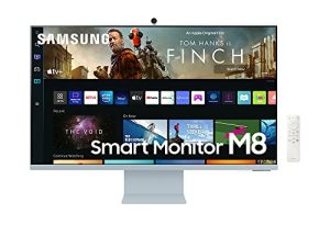Samsung M8 Series 32-Inch 4K UHD Smart Monitor & Streaming TV مع كاميرا ويب رفيعة لتجربة كمبيوتر أقل ، Netflix ، HBO ، Prime VOD ، والمزيد ، Apple Airplay ، WiFi ، BT ، مكبرات صوت مدمجة ، 2022 ، أزرق