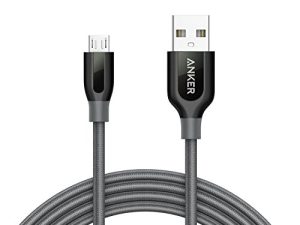 Anker Powerline + Micro USB (6 أقدام) الكبل المتميز المتين [النايلون المزدوج المضفر] لهواتف Samsung و Nexus و LG و Motorola والهواتف الذكية التي تعمل بنظام Android والمزيد (رمادي)