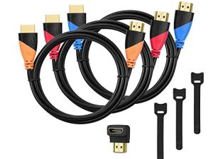 كابل HDMI عالي السرعة من HUANUO بطول 6 أقدام (3 عبوات) - سلك كبلات HDMI بطول 6 أقدام مع موصلات مطلية بالذهب وربطة كبل إضافية ومحول بزاوية 90 درجة