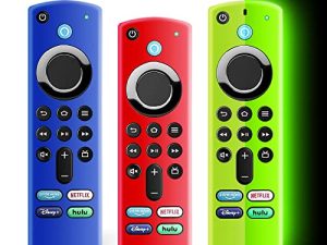 (3 عبوات) غطاء تحكم عن بعد من ONEBOM Firestick من الجيل الثالث مع جهاز تحكم عن بعد صوتي Alexa 4K / 4K Max ، غطاء Fire TV Stick يتوهج في الظلام ، جراب واقٍ من السيليكون مضاد للانزلاق مع حبل (أخضر متوهج وأزرق وأحمر)