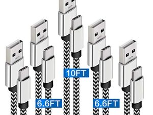 كابل USB C سريع الشحن 3A 5-Pack (3.3 / 6.6 / 10FT) كابل USB من النوع C مضفر من النايلون متوافق مع Samsung Galaxy S10 S9 S8 S20 Plus A51 A11، Note 10 9 8، Moto Z Z3، LG G7 G8، USB شاحن سي
