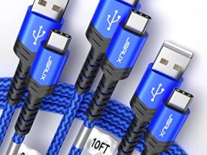 كابل USB-C 3A سريع الشحن ، JSAUX 3-Pack (10ft + 6.6ft + 3.3ft) USB A إلى Type C Charge Nylon Braided Cord متوافق مع Samsung Galaxy S20 S10 S9 S8 Plus Note 10 9 8، PS5 Controller، USB C Charger (أزرق)