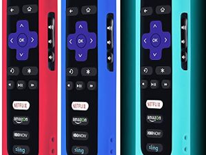 3 عبوات من جراب جهاز التحكم عن بعد لـ Roku ، وغطاء بطارية لجهاز TCL Roku Smart TV Steaming Stick Remote ، وغطاء Roku TV عن بعد من السيليكون ، وجهاز تحكم واقٍ من السيليكون ، وغطاء عالمي يتوهج باللون الأزرق الداكن والأحمر والسماء