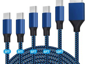 كابل USB C 5 عبوات (3/3/6/6/10 قدم) شاحن USB-C إلى USB-A سريع من النوع C متوافق مع Samsung Galaxy A10e A20 A50 A51 A71، S20 S10 S9 S8 Plus S10E، Note 20 10 9 8، موتو G7 G8